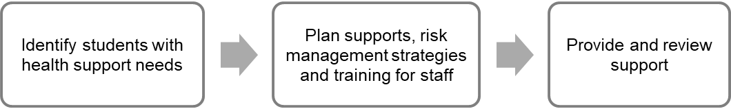 Image shows high level flow chart of process with steps of: Identify students with health support needs Plan supports, risk management strategies and training for staff Provide and review support